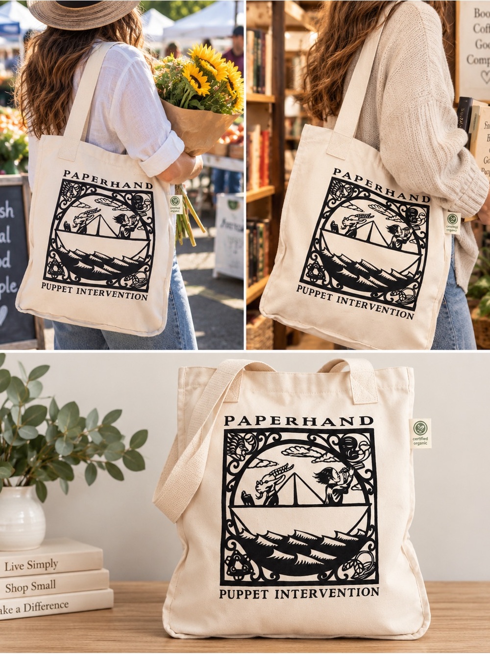 Paperhand Puppet Intervention ~Ivory Canvas Tote Bag~ certified organic